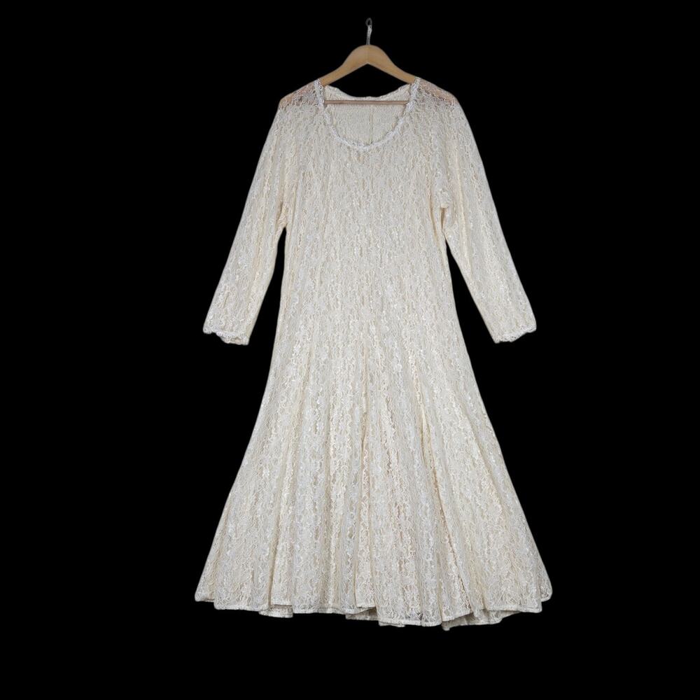 Vintage Lace Midi Maxi Dress OS Ivory Prairie Fairycore Romantic Sheer Ethereal